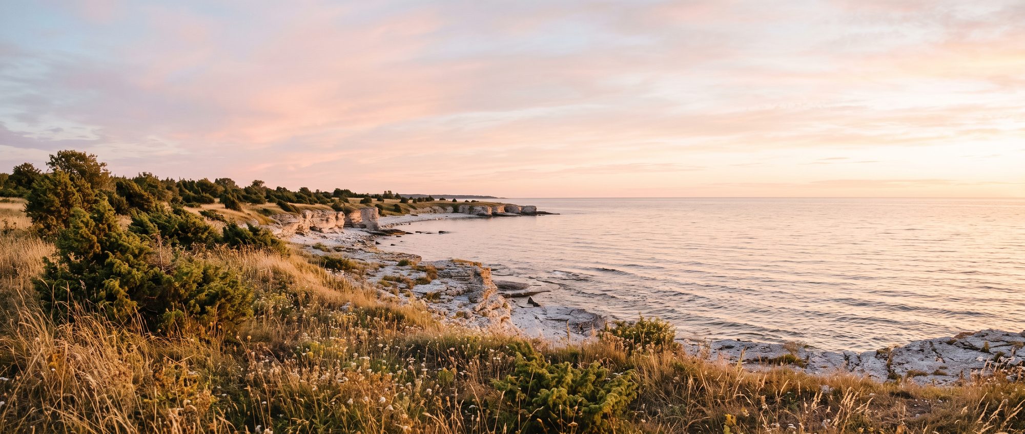 Gotlandskusten i kvallsljus med kalksten, enbuskar och lugnt hav
