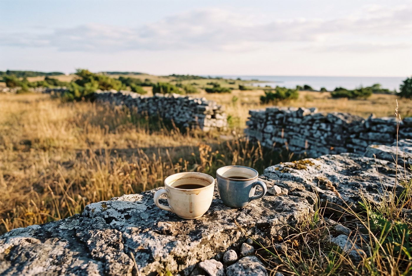 Tva kaffekoppar pa en kalkstensmur i det gotlandska landskapet