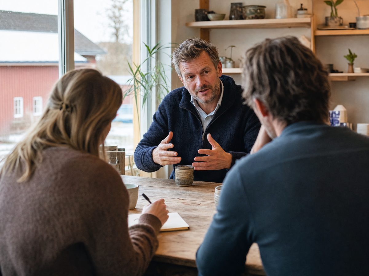 En foretagare berattar over ett bord medan tva personer lyssnar och antecknar